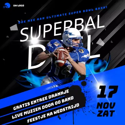 Geometrische Super Bowl feestadvertentie in blauw en zwart