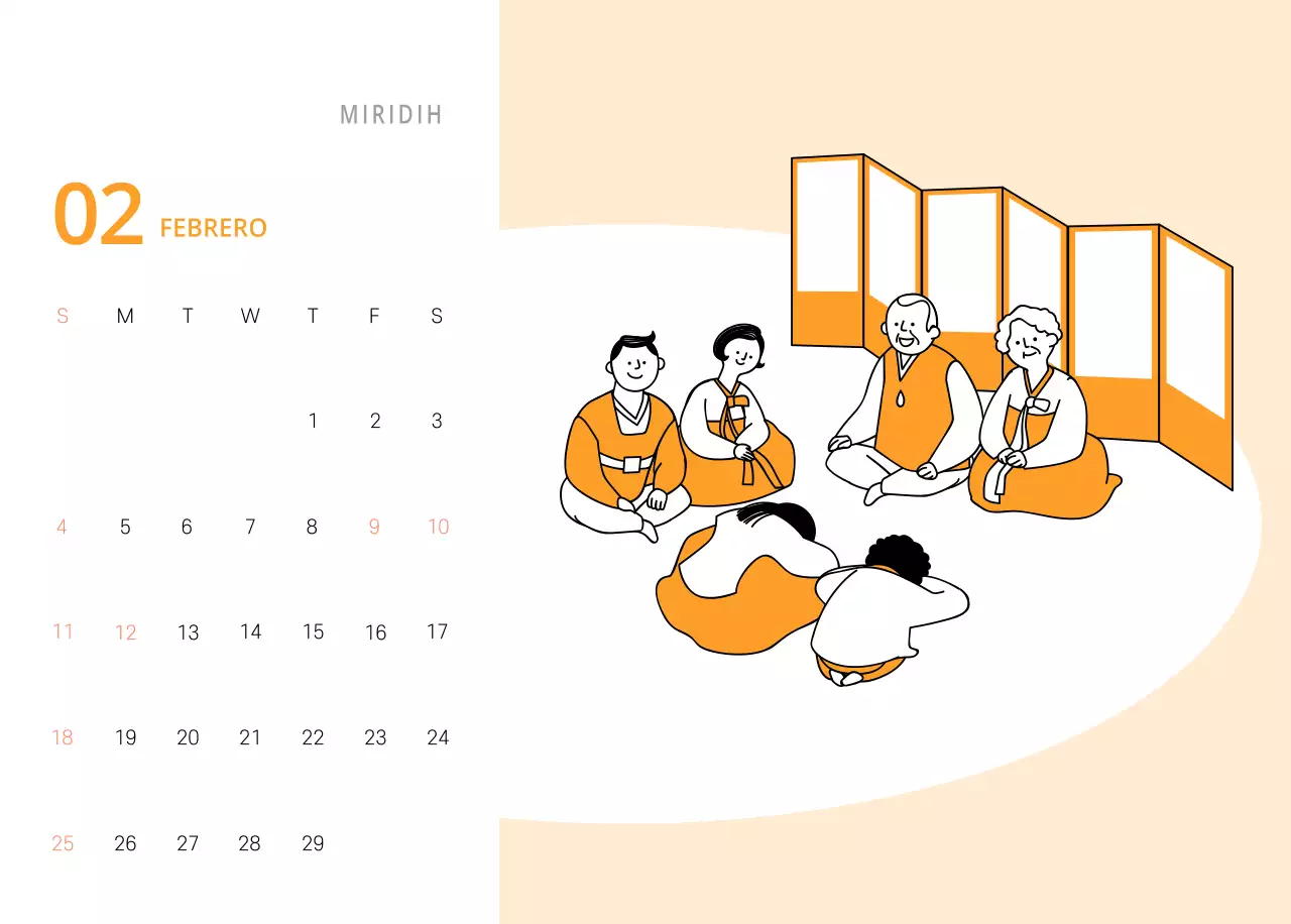 Bonito calendario de sobremesa ilustrado de temática familiar en color verde