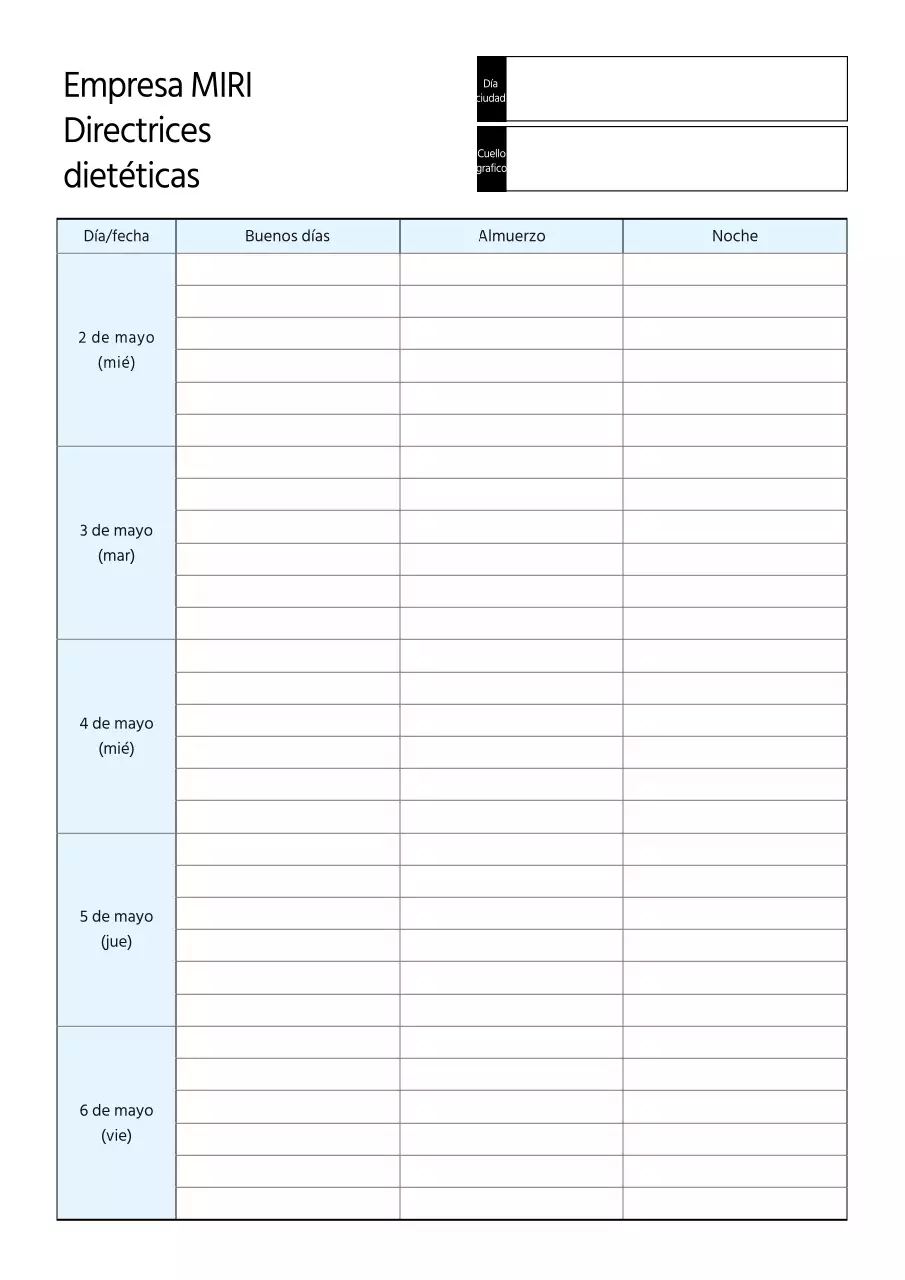 Guía básica del plan de comidas semanal en azul claro y blanco