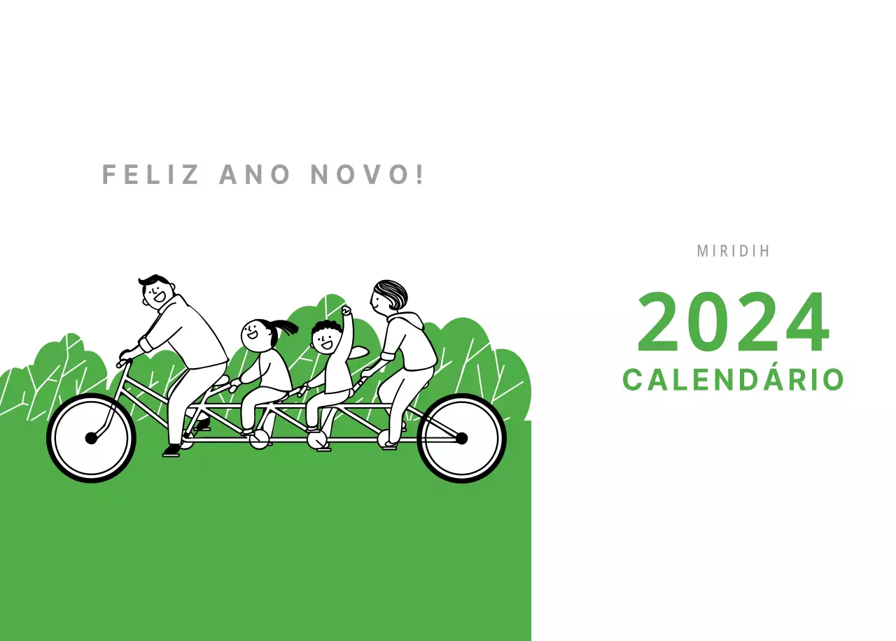 Calendário de secretária verde ilustrado com tema de família