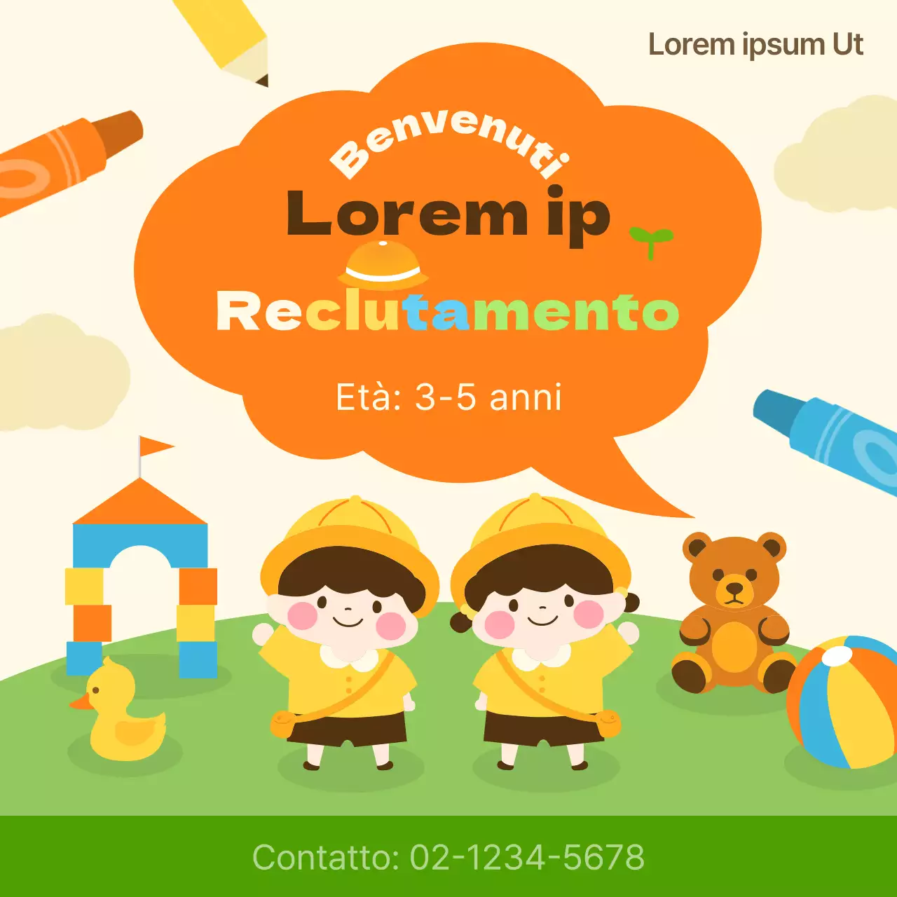 Un simpatico annuncio di reclutamento per bambini giallo e verde