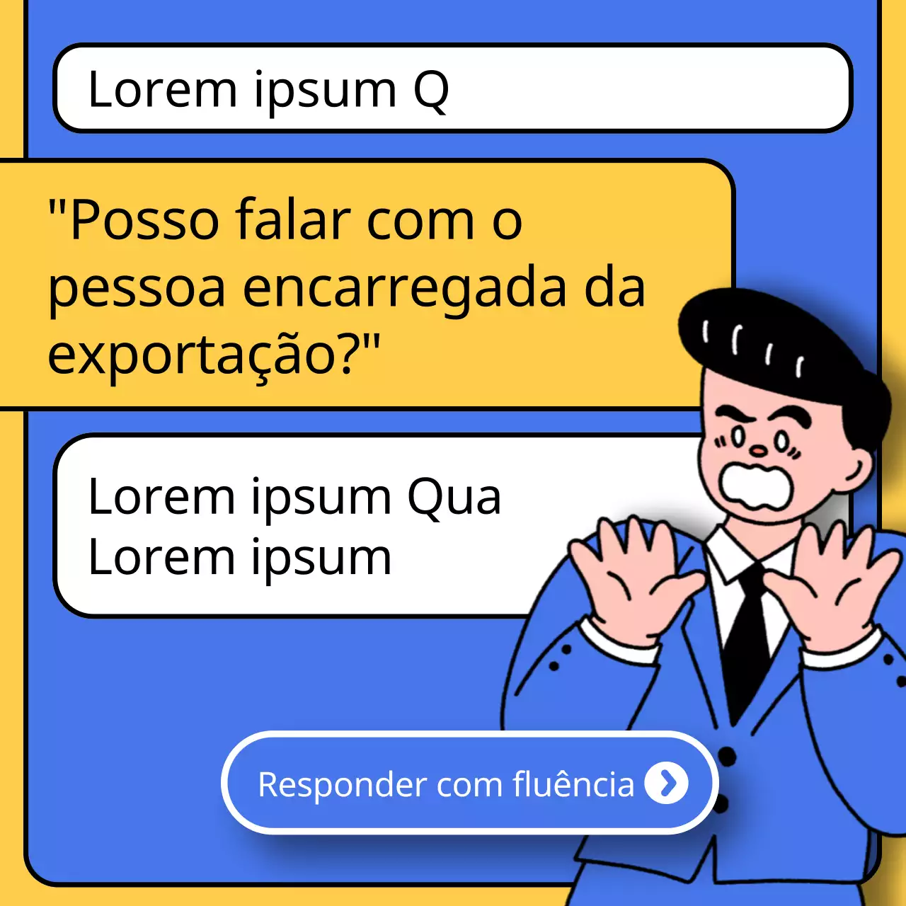 Promoção de uma escola de inglês com um visual kitsch em azul e amarelo