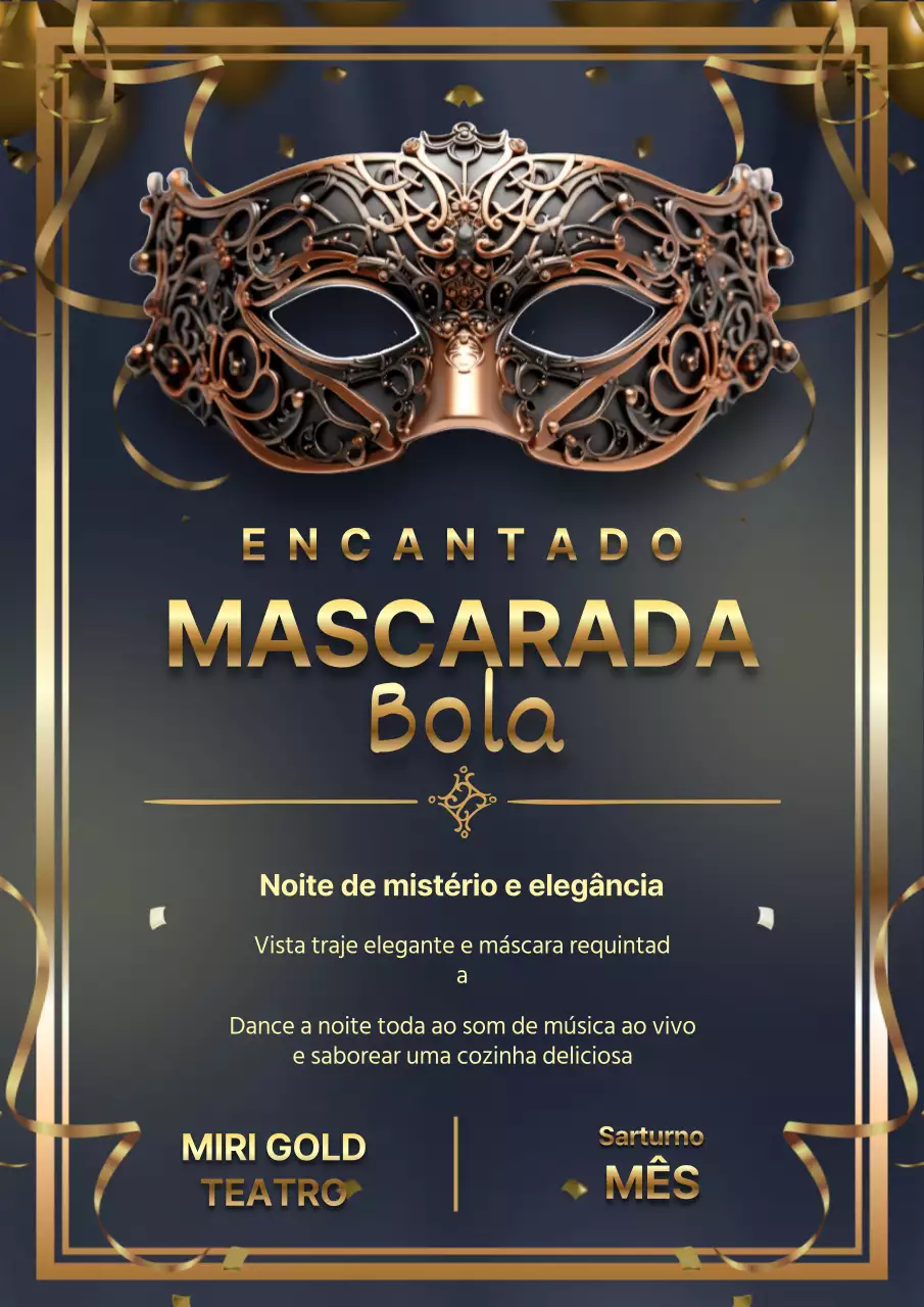 Convite elegante para baile de máscaras preto e dourado