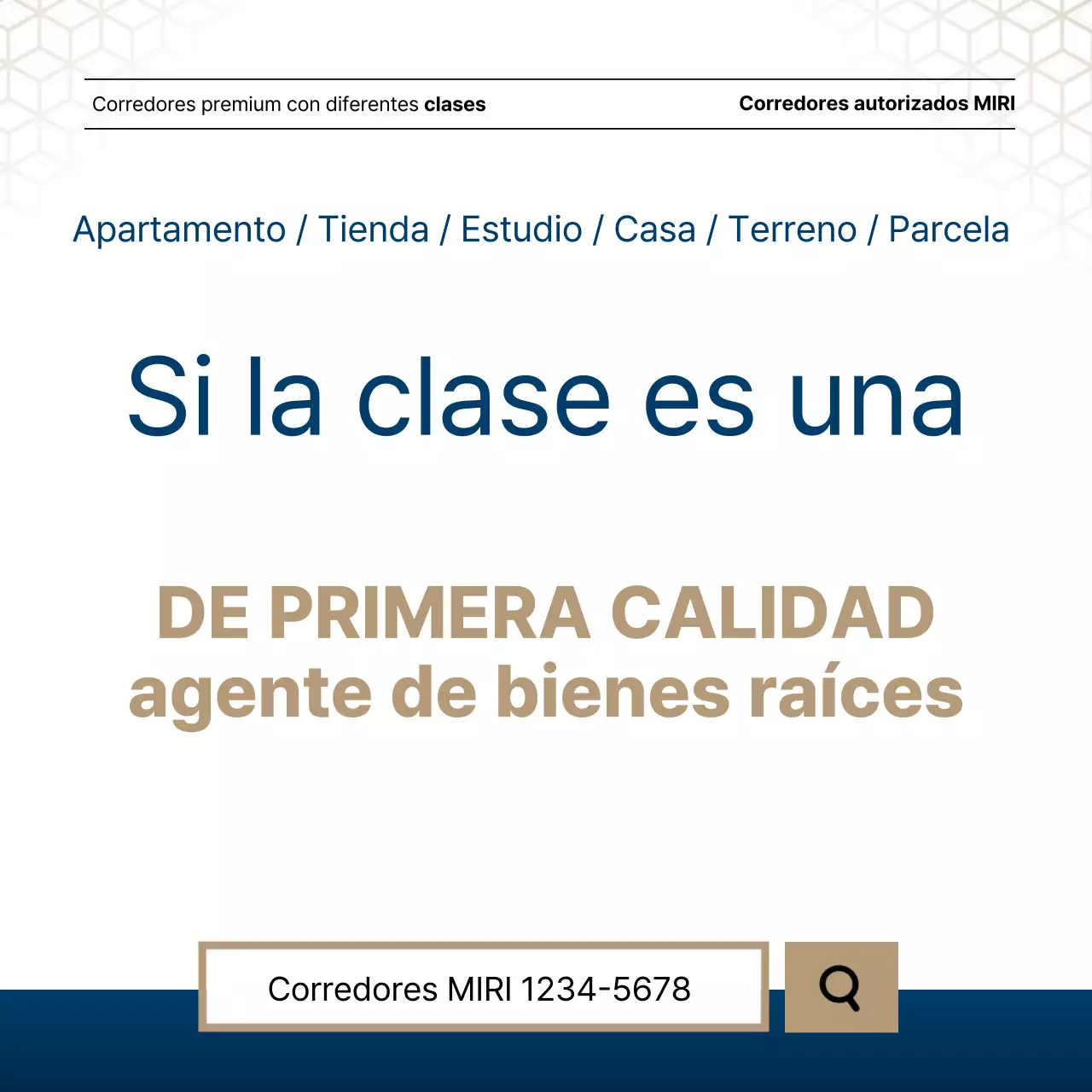 Lujoso anuncio inmobiliario en azul marino y dorado de un agente inmobiliario.