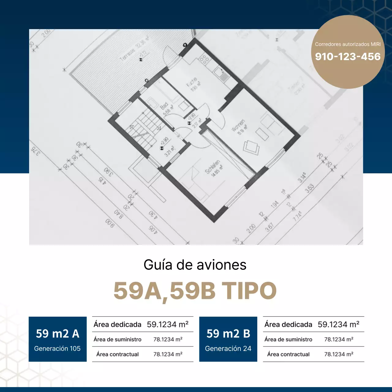 Lujoso anuncio inmobiliario en azul marino y dorado de un agente inmobiliario.