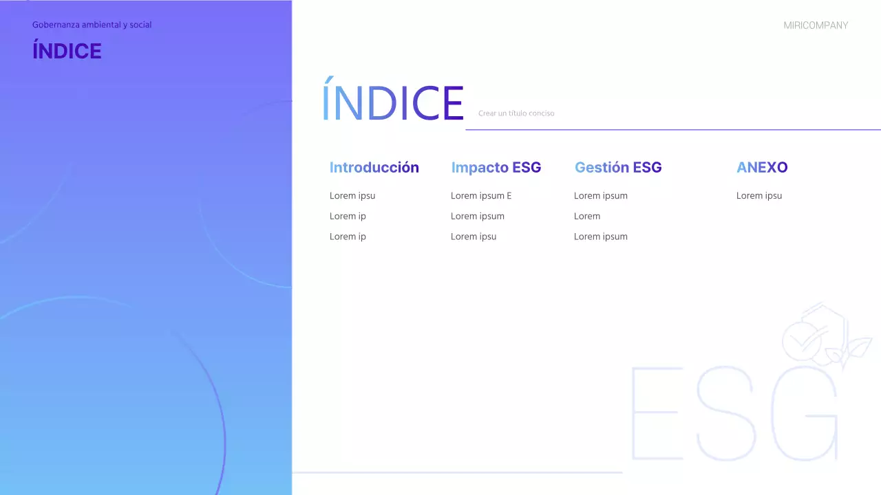Un moderno informe de sostenibilidad ESG en morado y azul claro