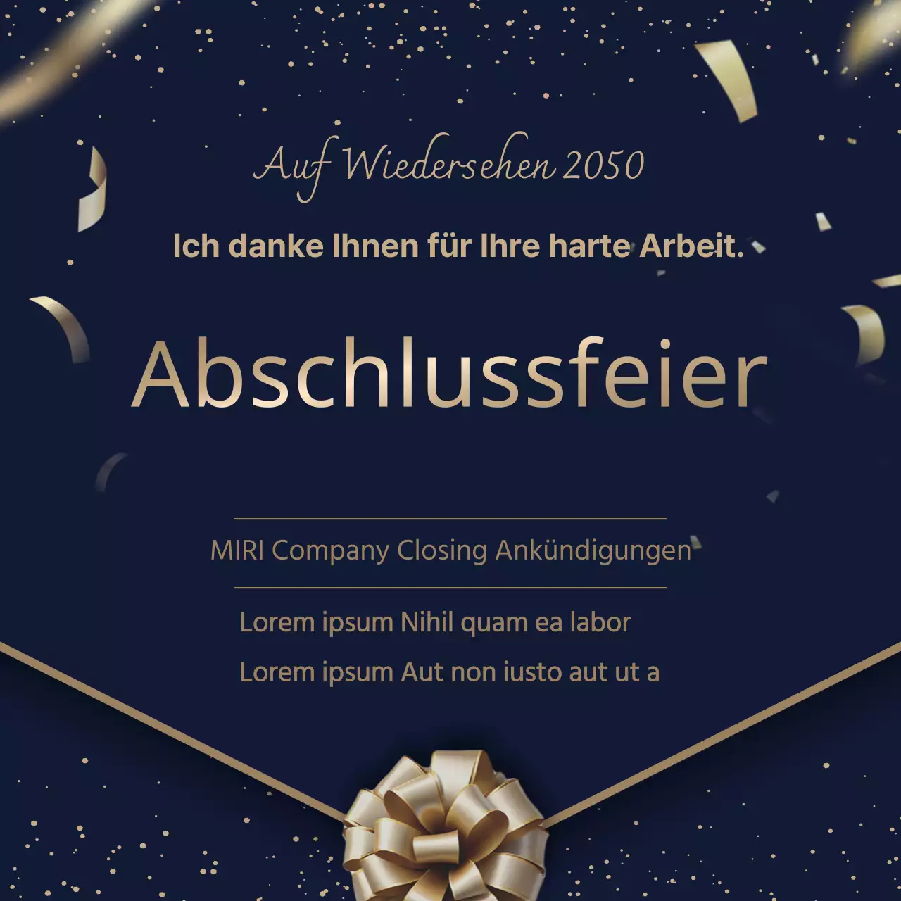 Eine stilvolle Ankündigung des Firmenabschlusses in Marineblau und Gold