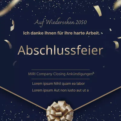 Eine stilvolle Ankündigung des Firmenabschlusses in Marineblau und Gold