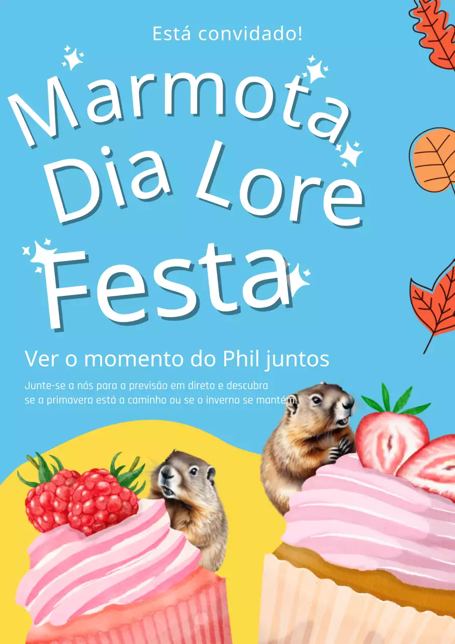 Convite para festa do Dia da Marmota em azul celeste e amarelo vintage