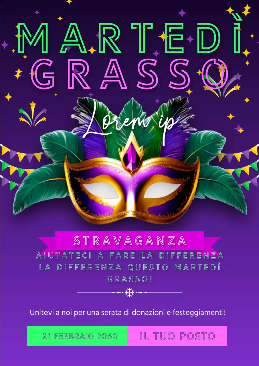 Pubblicità per evento di beneficenza del Martedì Grasso in fantasia neon e viola