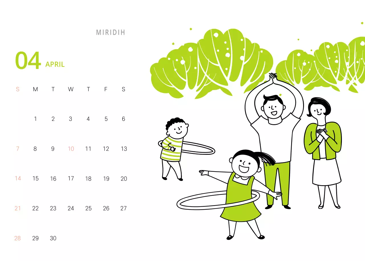 Schattige geïllustreerde groene bureaukalender met familiethema