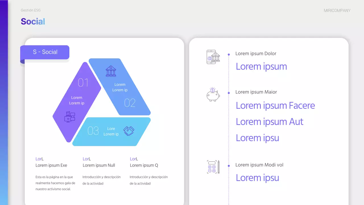 Un moderno informe de sostenibilidad ESG en morado y azul claro