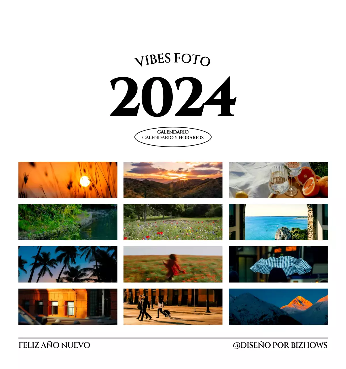 Calendario de pared de estilo sencillo con concepto de fotografía de viajes emocional en blanco y negro