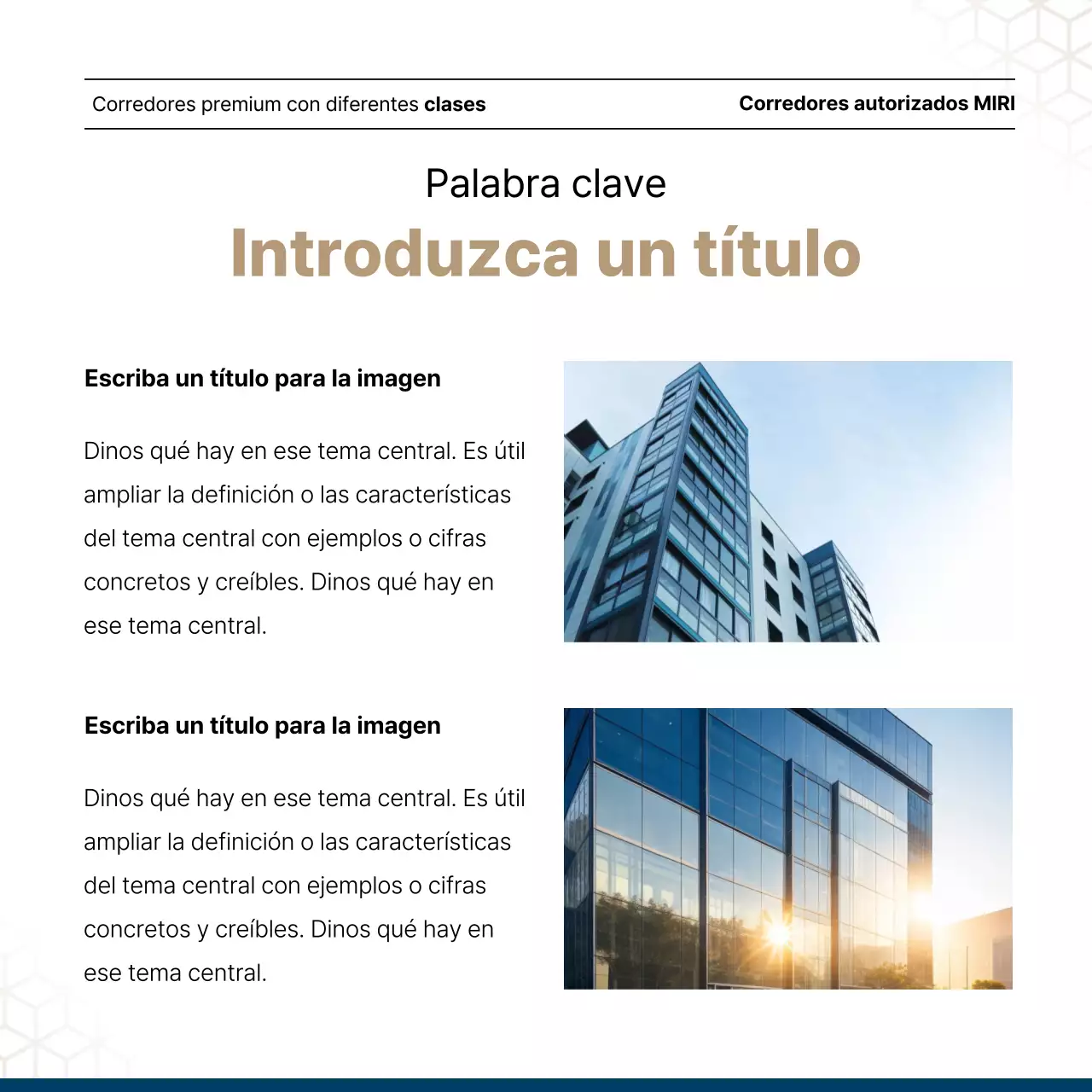 Lujoso anuncio inmobiliario en azul marino y dorado de un agente inmobiliario.