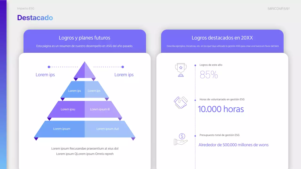 Un moderno informe de sostenibilidad ESG en morado y azul claro