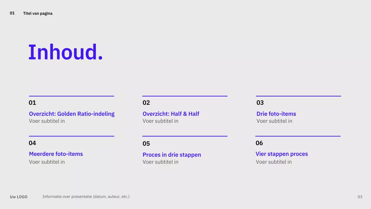 Eenvoudige, gevarieerde lay-outs in blauw voor planning