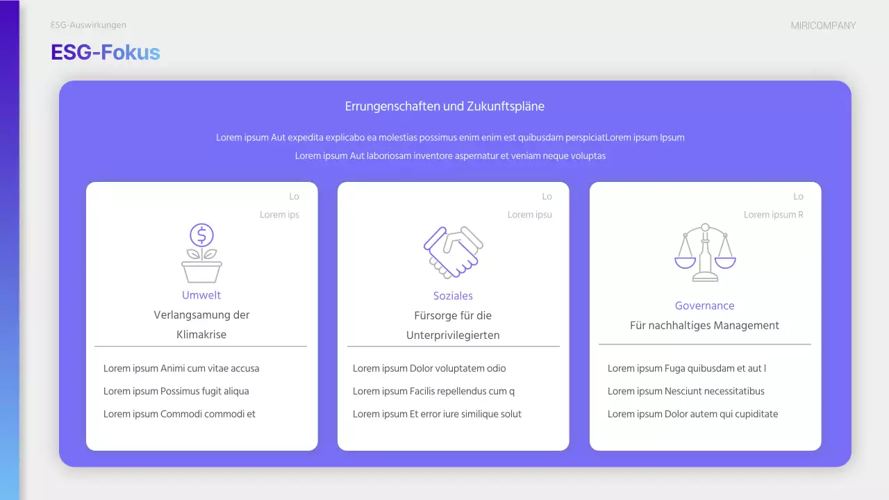 Ein moderner ESG-Nachhaltigkeitsbericht in Lila und Hellblau