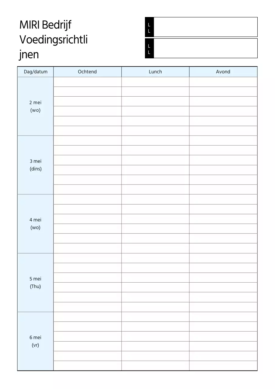 Basis wekelijkse maaltijdgids in lichtblauw en wit