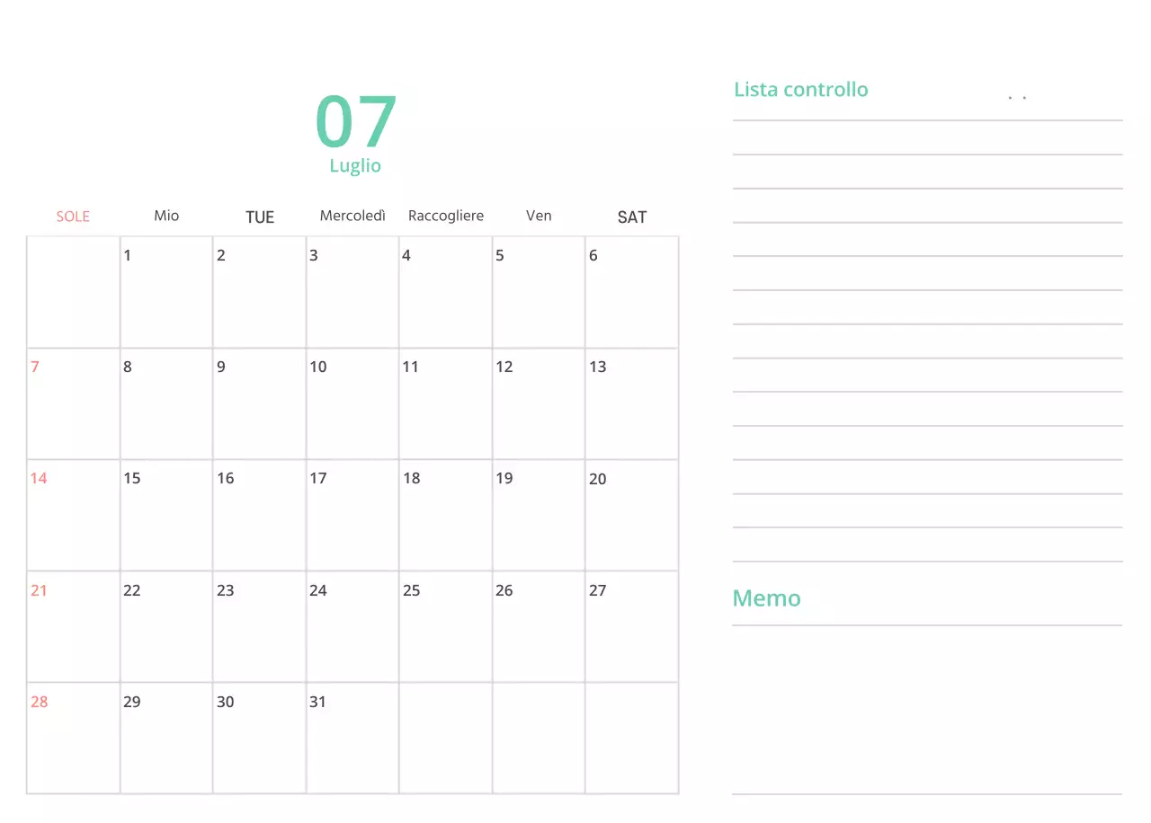Simpatico calendario da tavolo illustrato verde a tema famiglia