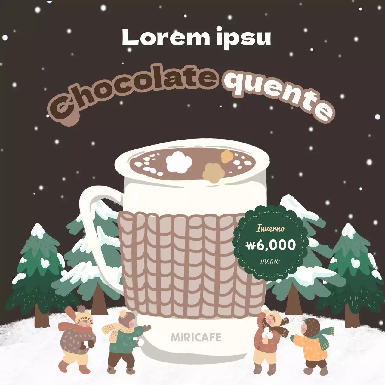 Anúncio kitsch de chocolate quente com leite em bege e castanho