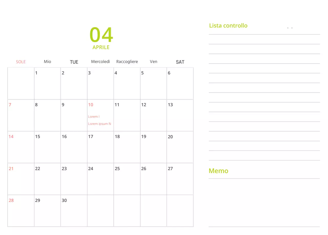 Simpatico calendario da tavolo illustrato verde a tema famiglia