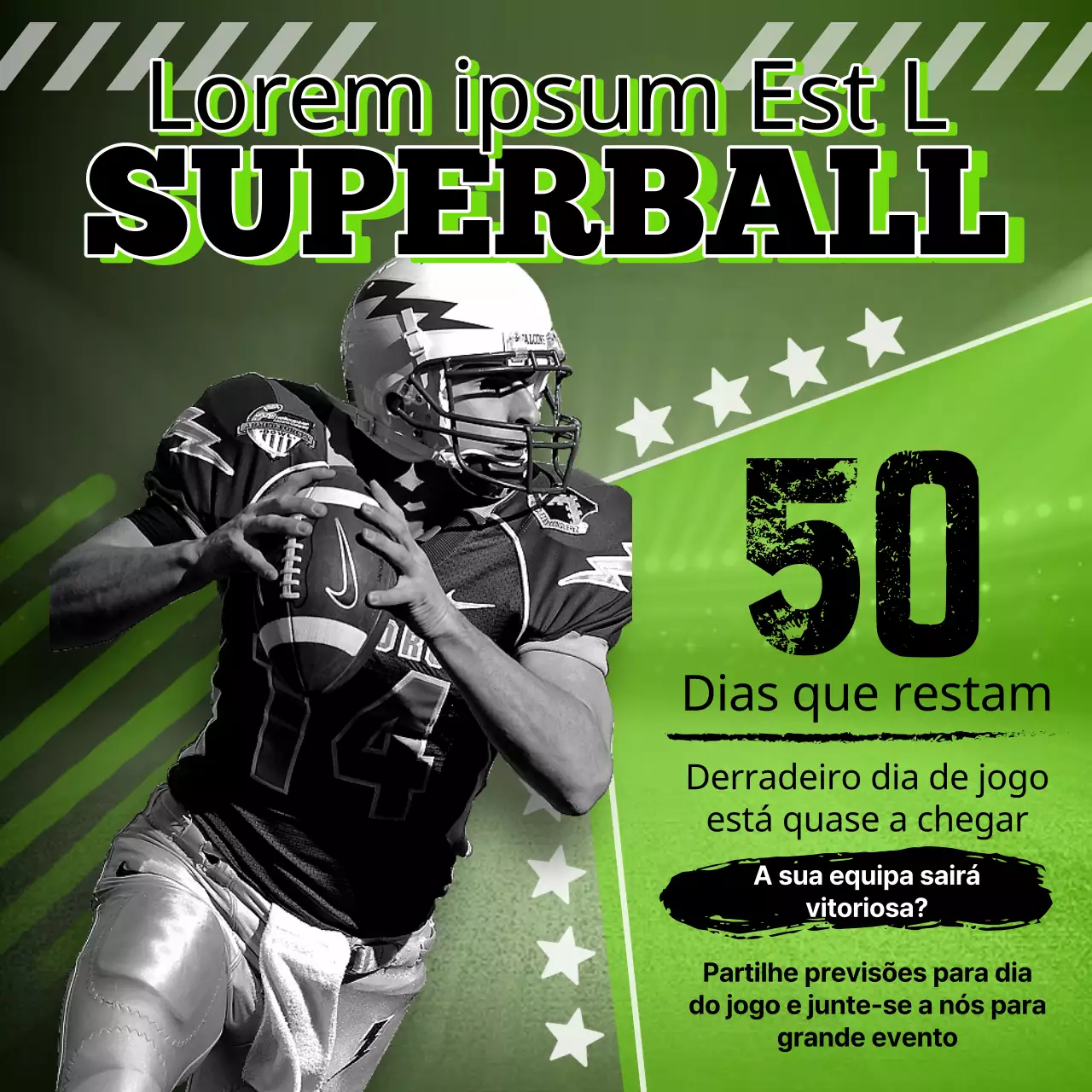 Promoção geométrica da contagem decrescente do Super Bowl em lima e preto