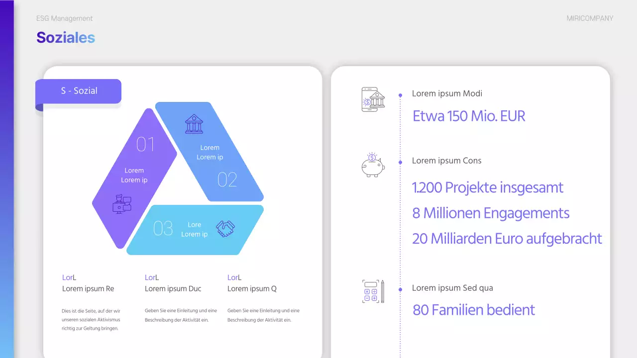 Ein moderner ESG-Nachhaltigkeitsbericht in Lila und Hellblau