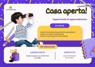 Pubblicità per l'inaugurazione di una scuola di tendenza in bianco e viola