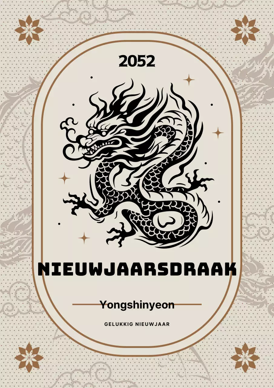 Vintage wenskaart Jaar van de Draak in beige en bruin