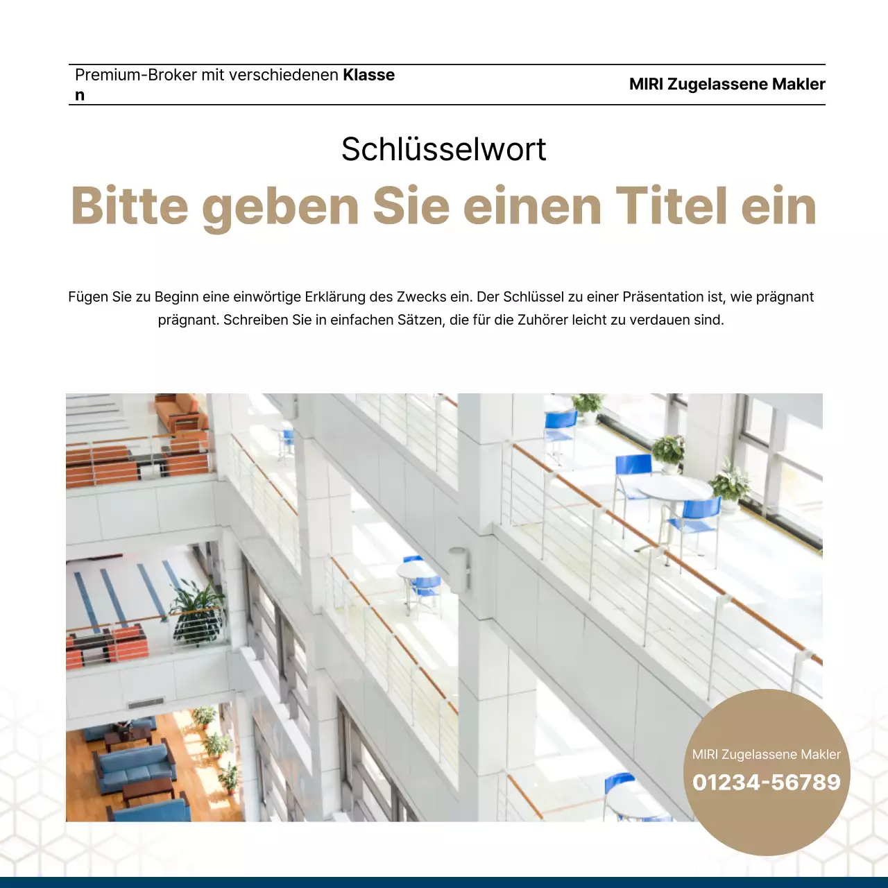 Luxuriöses Immobilienangebot in Marineblau und Gold von einem Immobilienmakler.