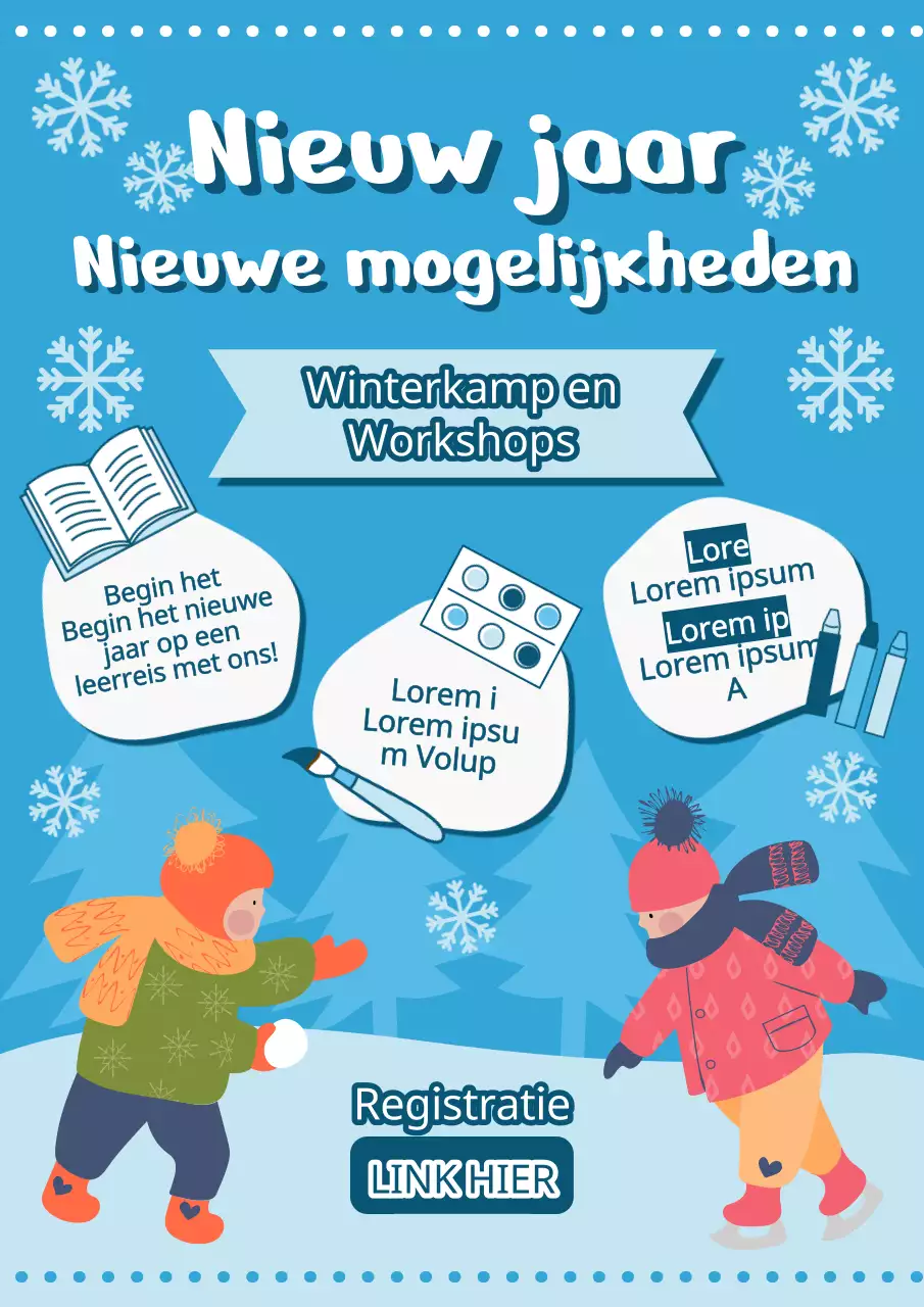 Promotiemateriaal voor kinderkamp in de wintervakantie met een schattig illustratieconcept in lichtblauw en wit.