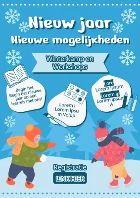 Promotiemateriaal voor kinderkamp in de wintervakantie met een schattig illustratieconcept in lichtblauw en wit.