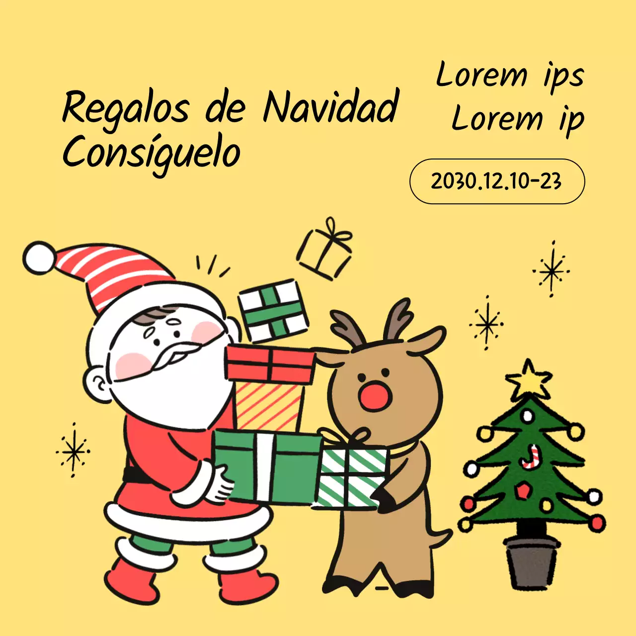 Un anuncio pop-art en amarillo y verde sobre la entrega de regalos navideños