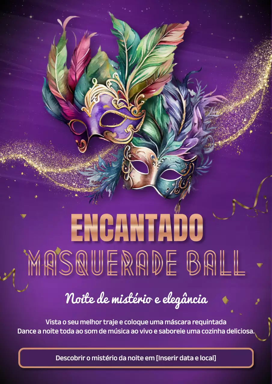 Convite para Baile de Máscaras elegante em roxo e dourado