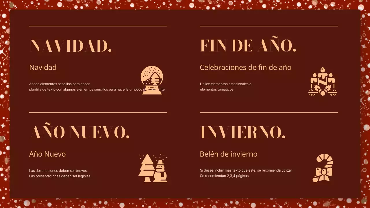 Una lujosa presentación de eventos navideños en rojo y marrón