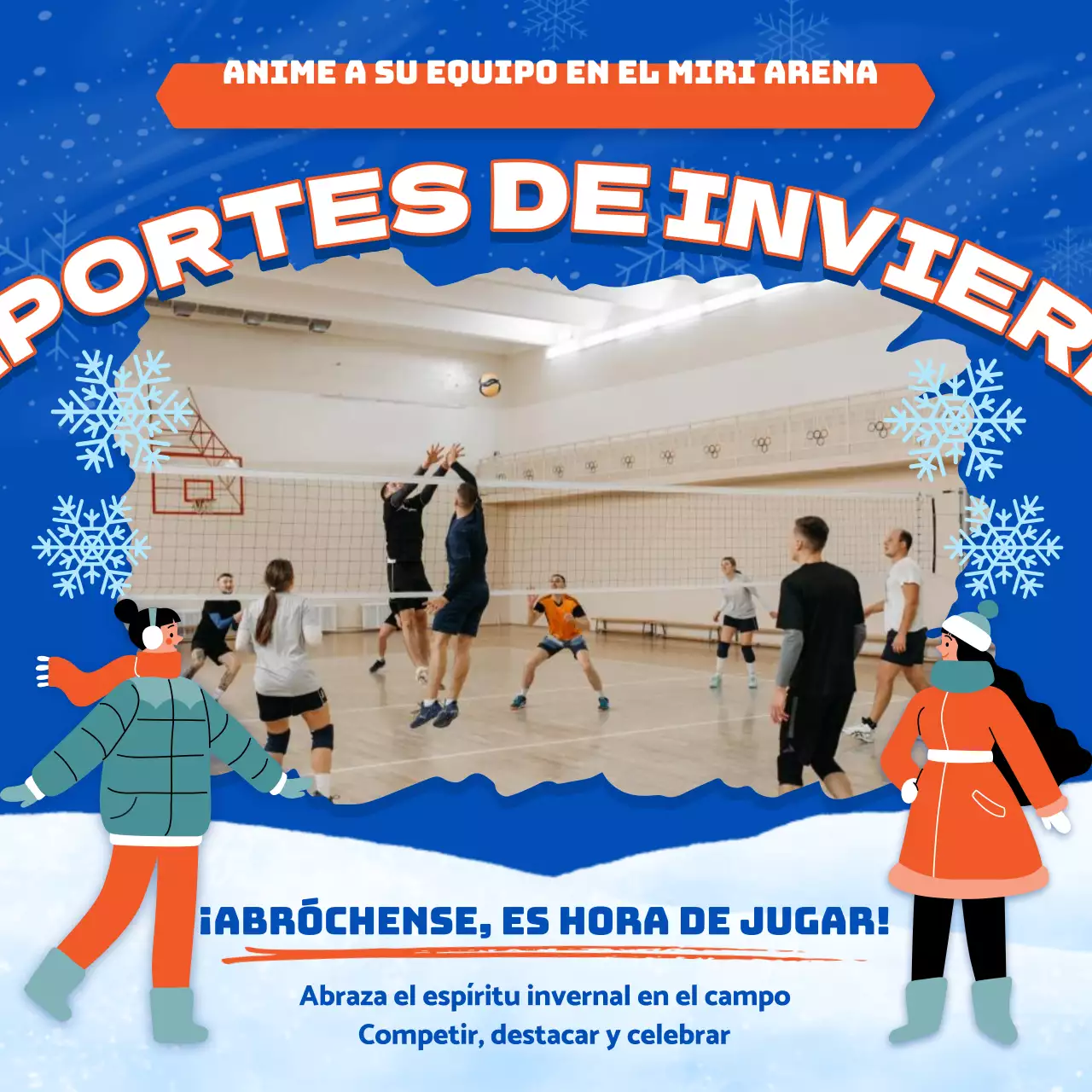 Anuncio de moda de eventos deportivos de invierno en azul y naranja