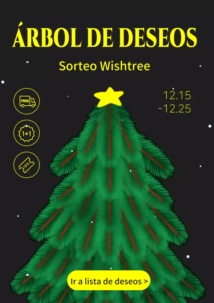 Anuncio minimalista en verde y amarillo sobre la entrega de regalos navideños