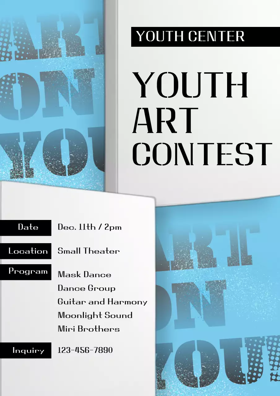 Promote a black and light blue pop art-inspired performance presentation