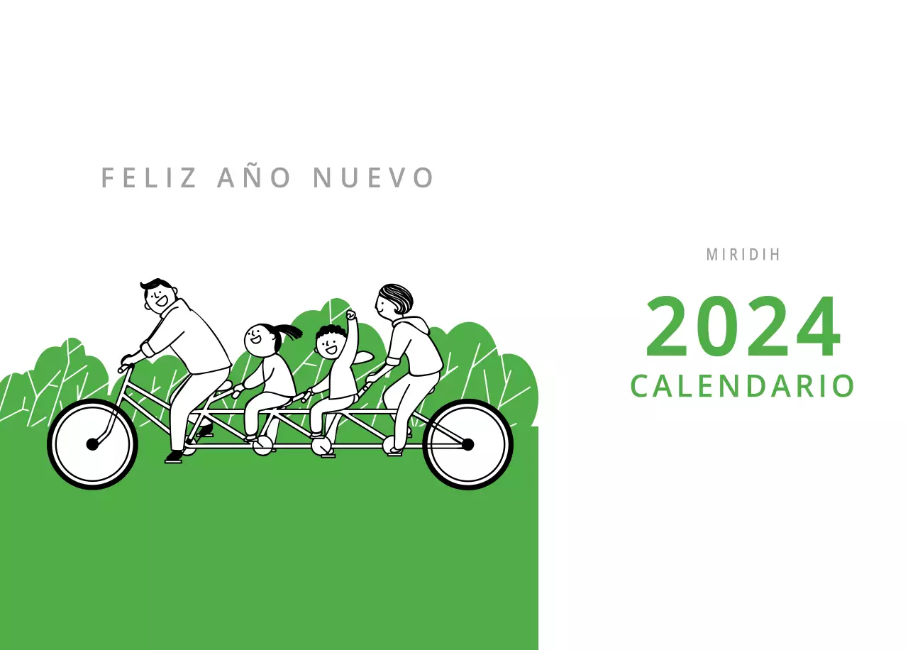Bonito calendario de sobremesa ilustrado de temática familiar en color verde