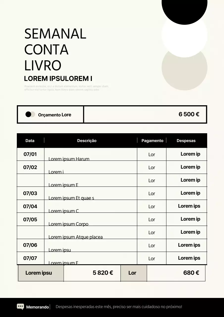 Planeador de orçamento semanal moderno em marfim e preto