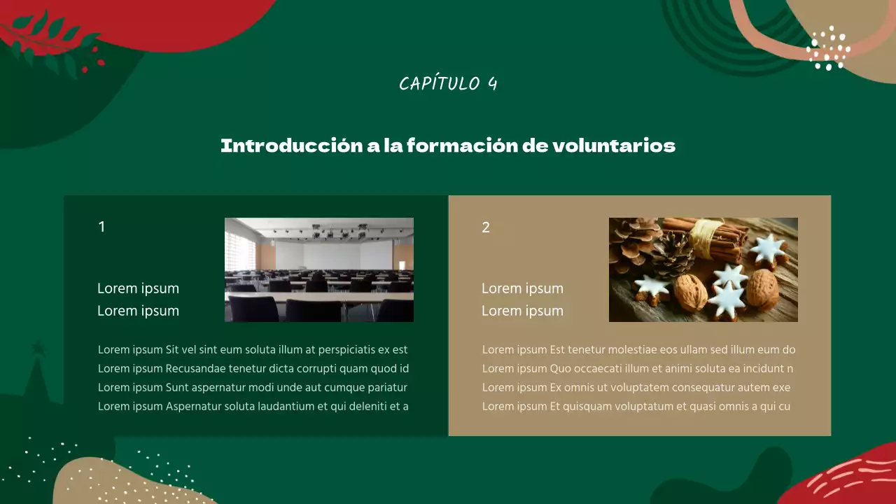 Guía de formación de voluntarios con motivos geométricos rojos y verdes