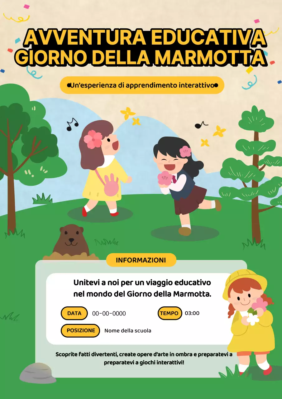 Pubblicità kitsch verde e gialla del campo del Giorno della marmotta