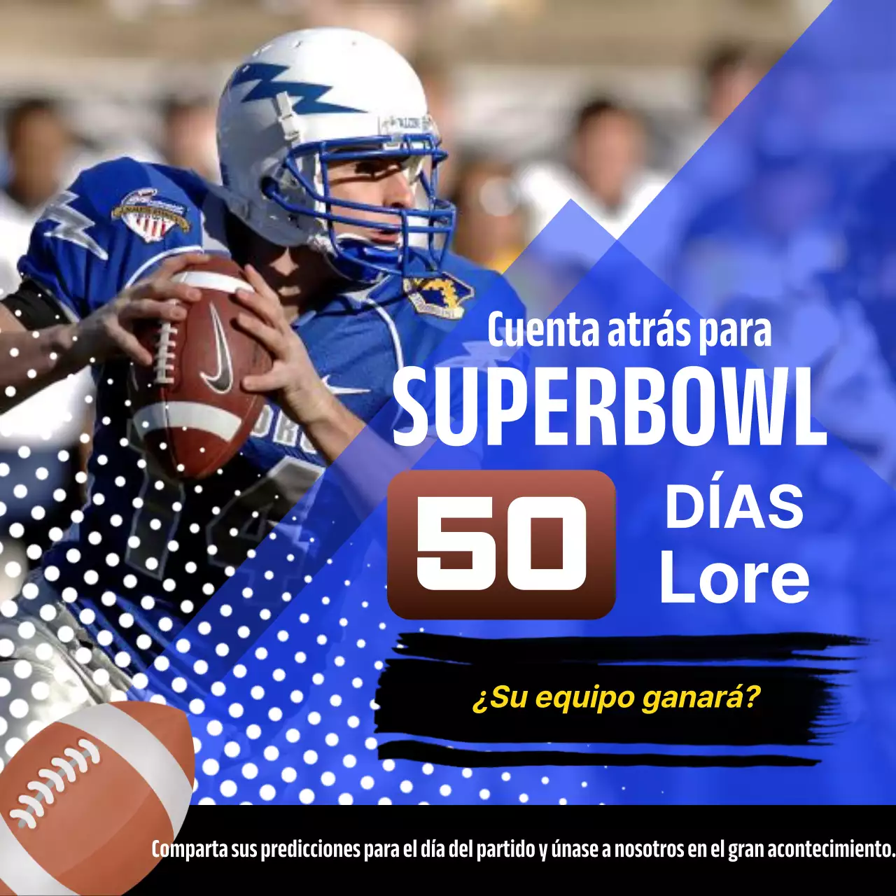 Anuncio geométrico azul y blanco de la cuenta atrás de la Super Bowl
