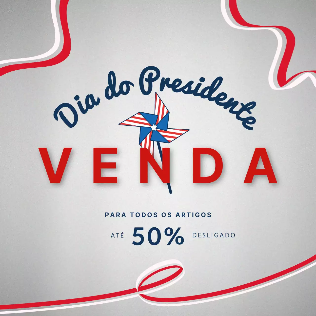 Anúncio de saldos do Dia do Presidente em cinzento e vermelho