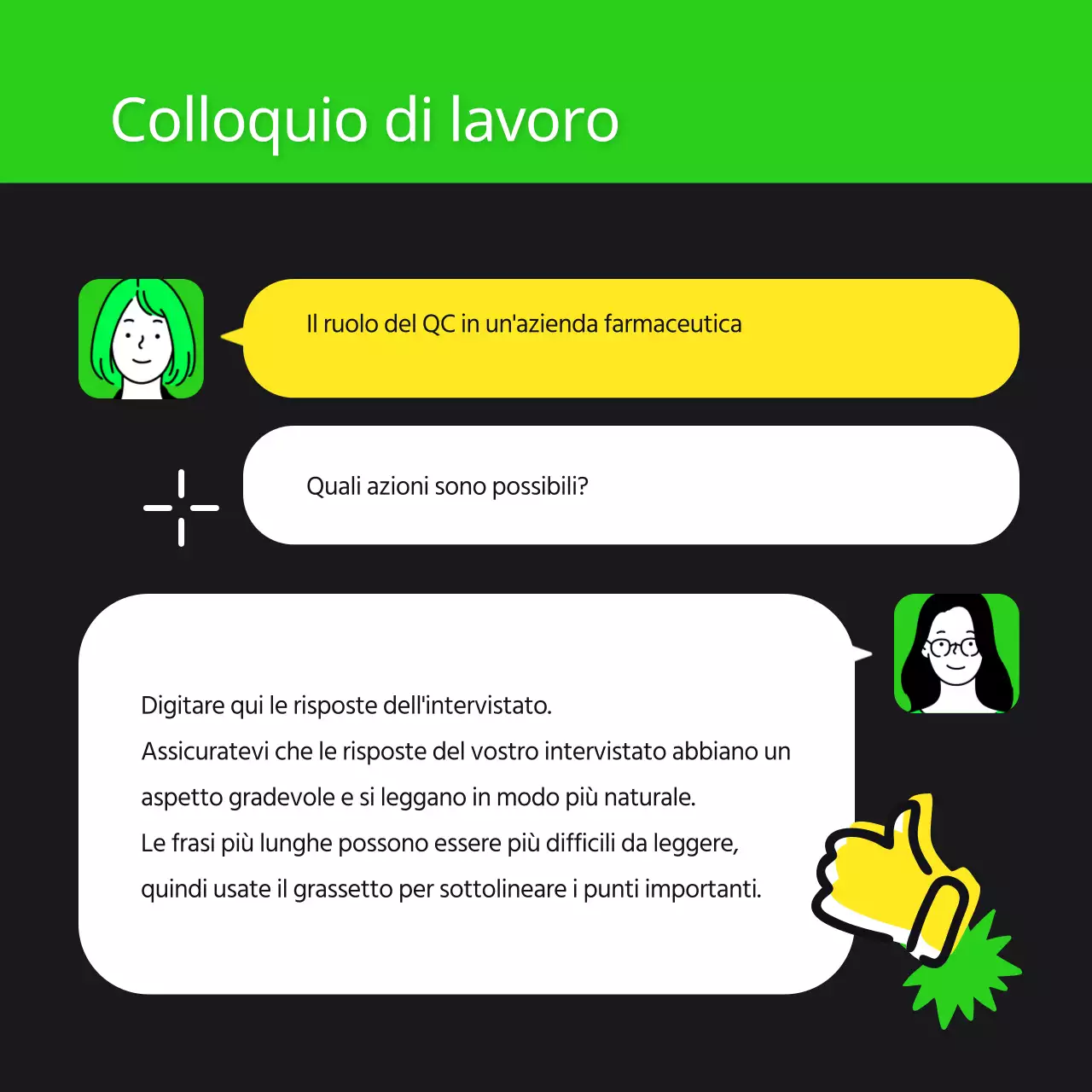 Informazioni sul colloquio con l'incumbent nello stile trendy del verde lime e del nero