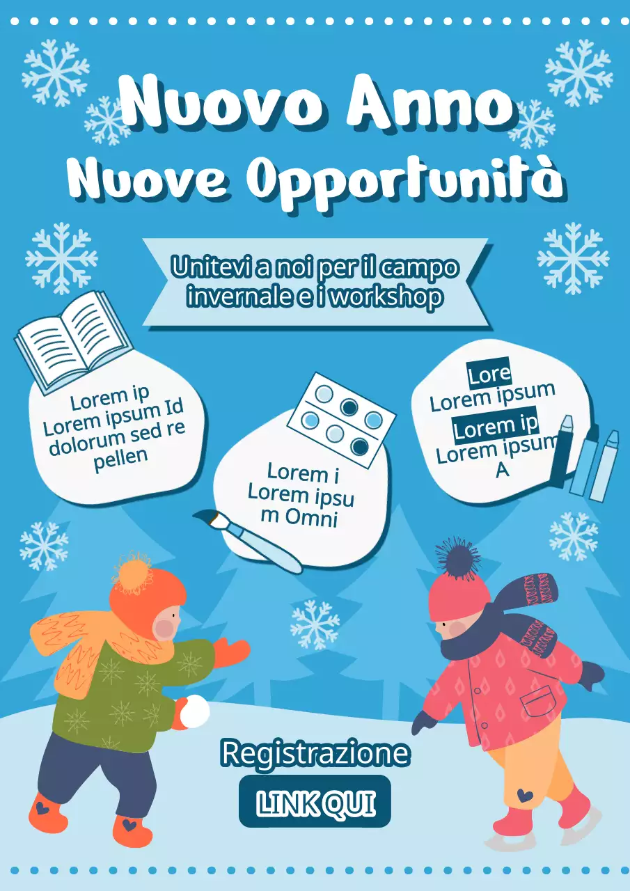 Materiale promozionale per un campeggio invernale per bambini con un simpatico concetto di illustrazione in azzurro e bianco.