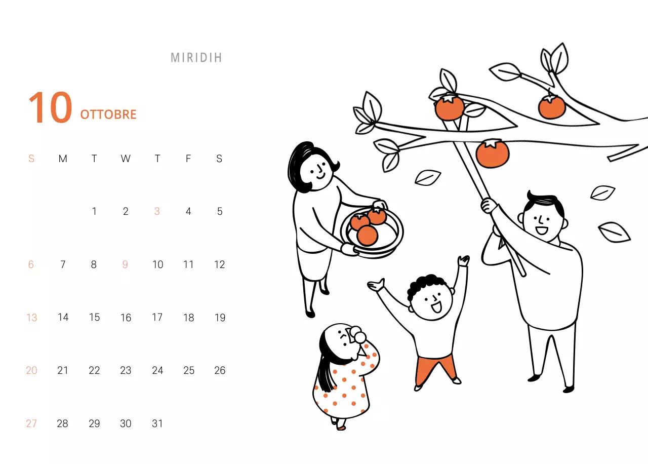 Simpatico calendario da tavolo illustrato verde a tema famiglia