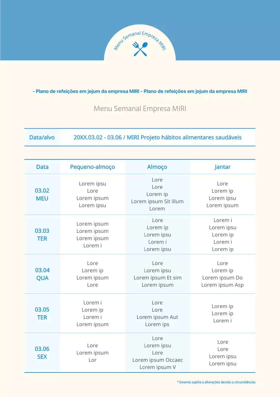 Plano de refeições empresarial minimalista em azul e marfim
