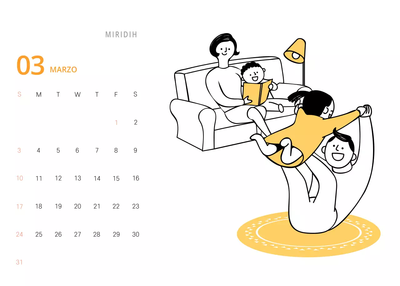 Simpatico calendario da tavolo illustrato verde a tema famiglia