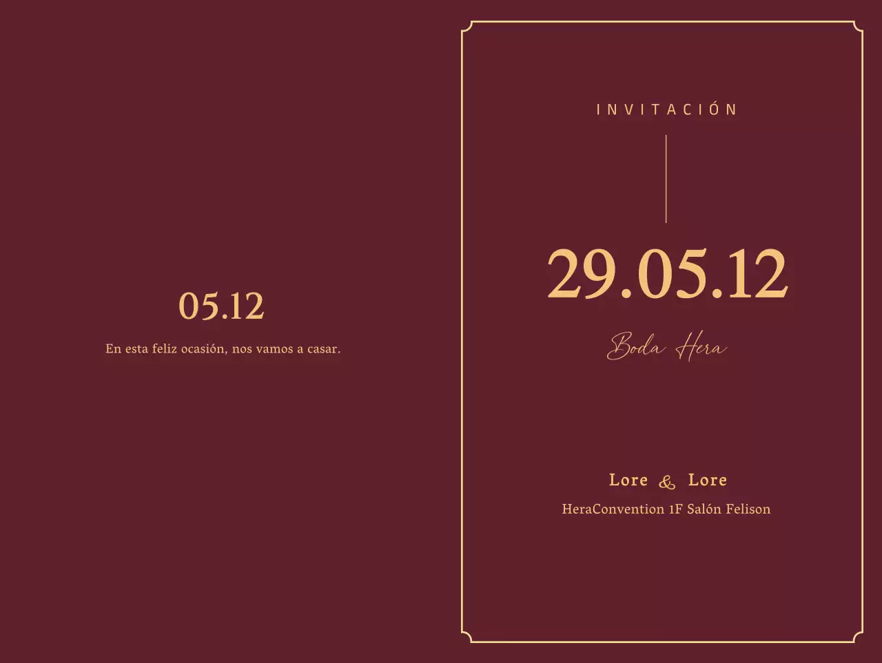 Diseño de invitación de boda con grandes letras doradas y fecha sobre fondo color vino